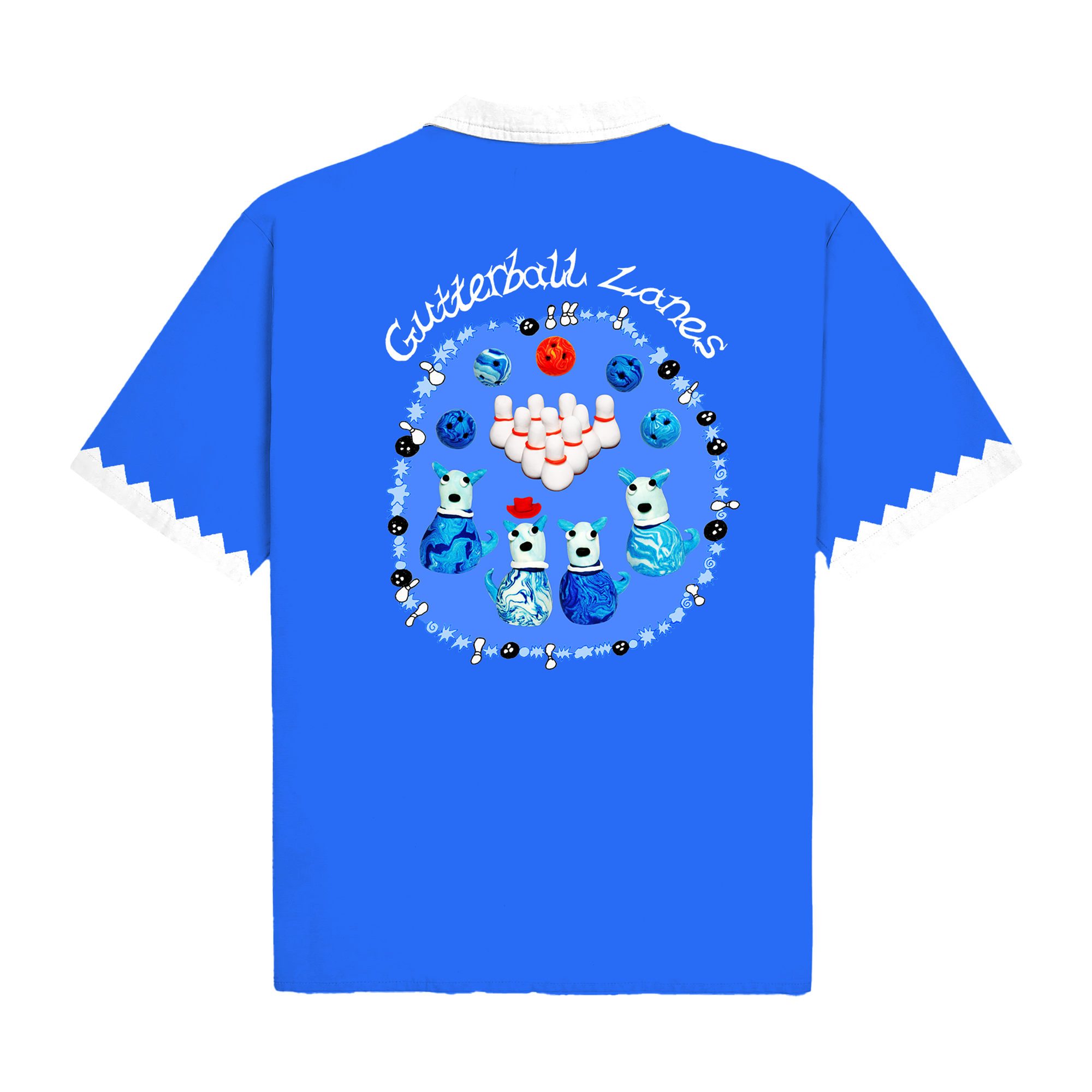 Blue James Marriott bowling shirt with a colorful design and 'Gutterball Lanes' text on the back.
