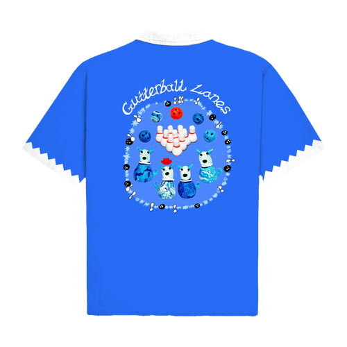 Blue James Marriott bowling shirt with a colorful design and 'Gutterball Lanes' text on the back.