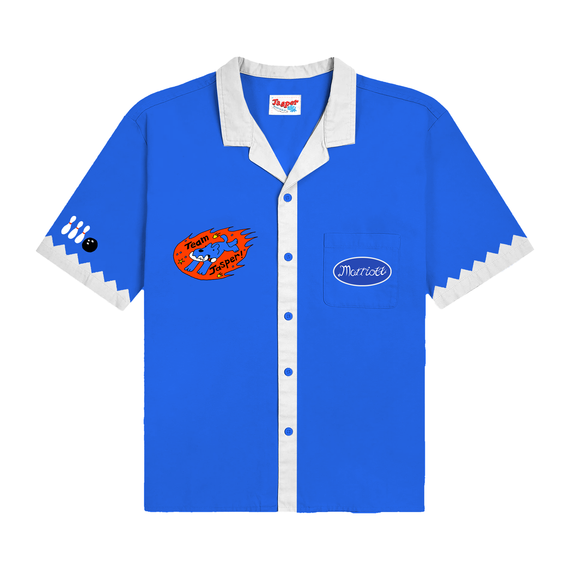Blue James Marriott bowling shirt with white accents and graphic logos.
