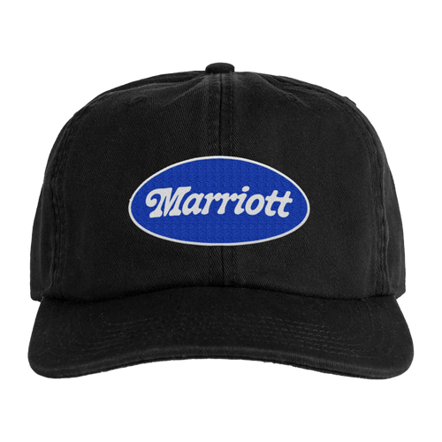 Black cap with James Marriott logo on front.