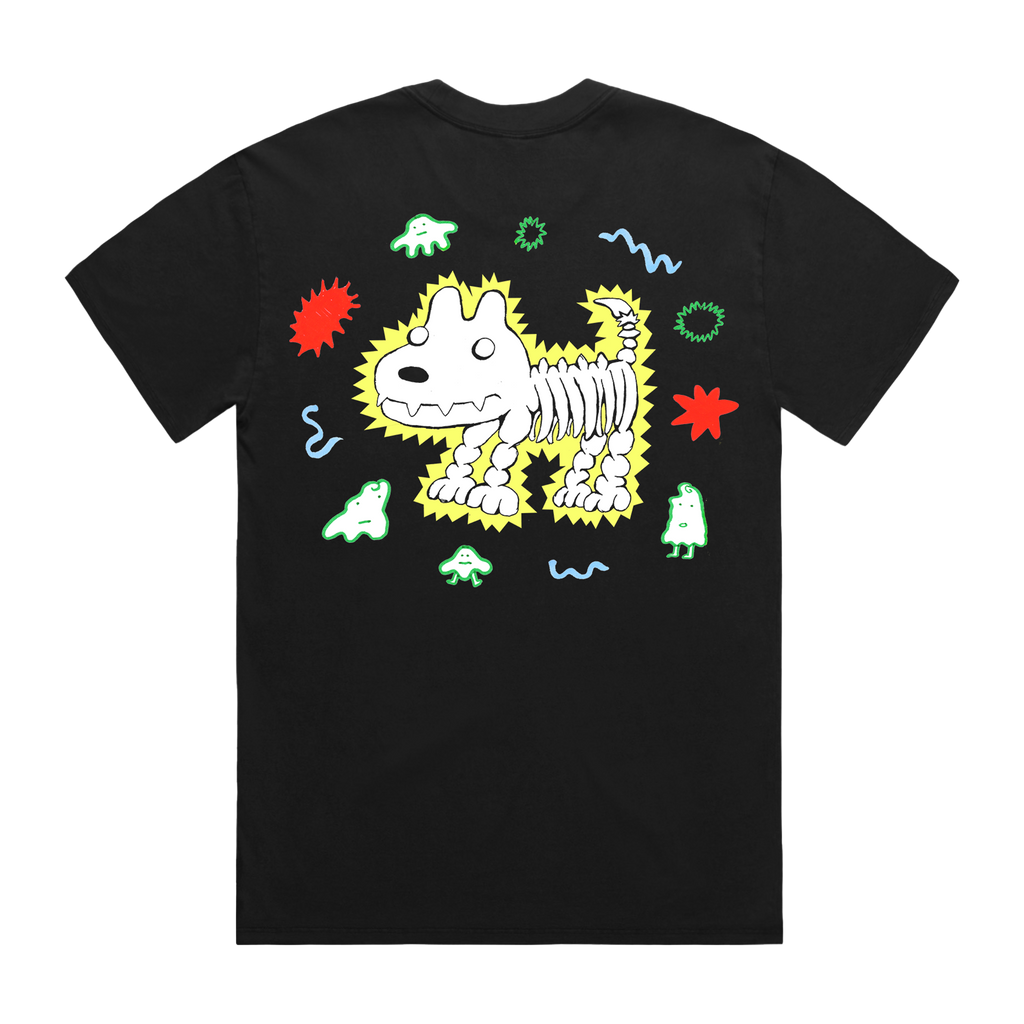 Black t-shirt with a colorful skeleton dog design 