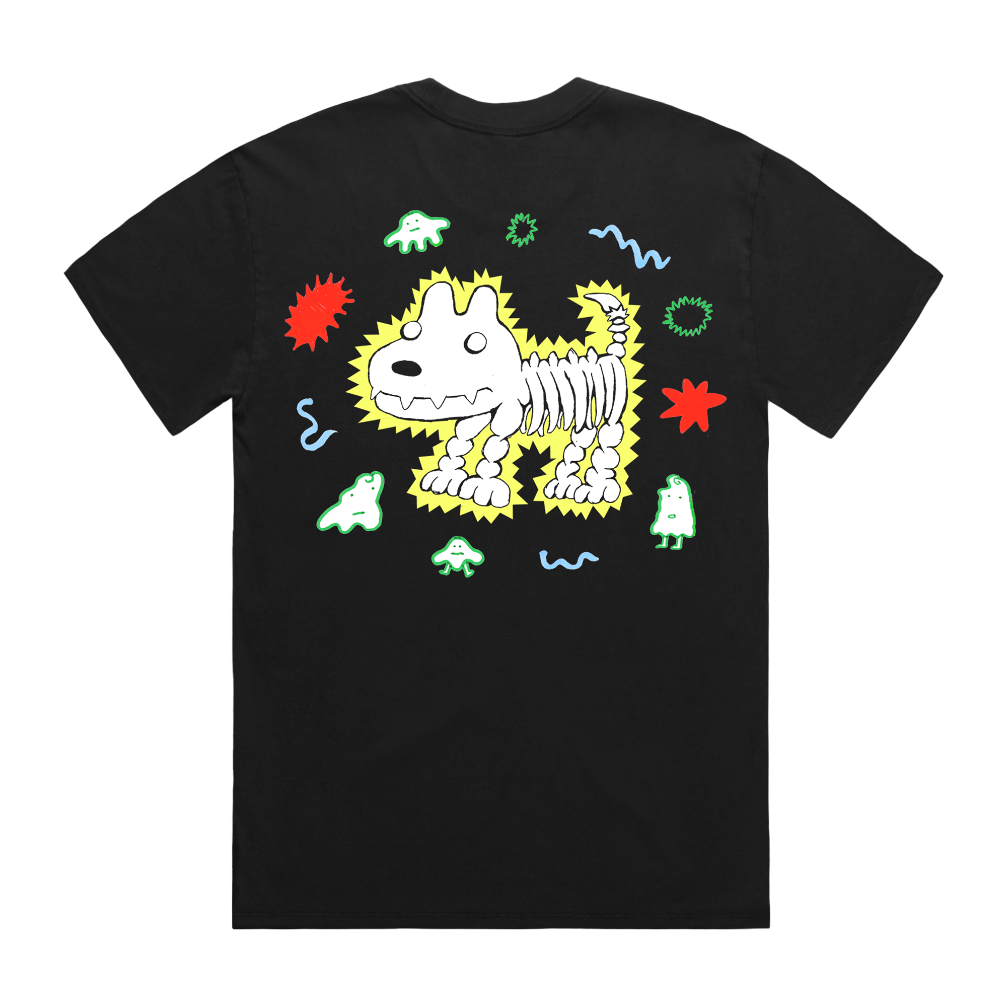 Black t-shirt with a colorful skeleton dog design 