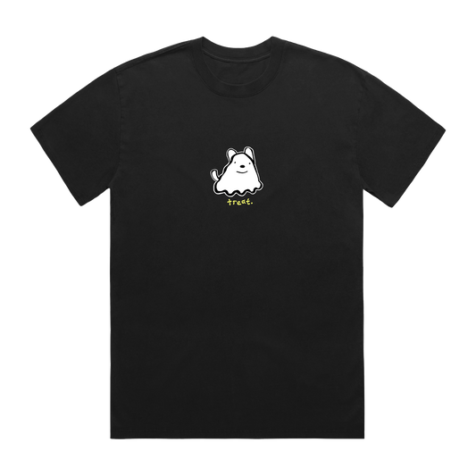 Black t-shirt with a white ghost graphic
