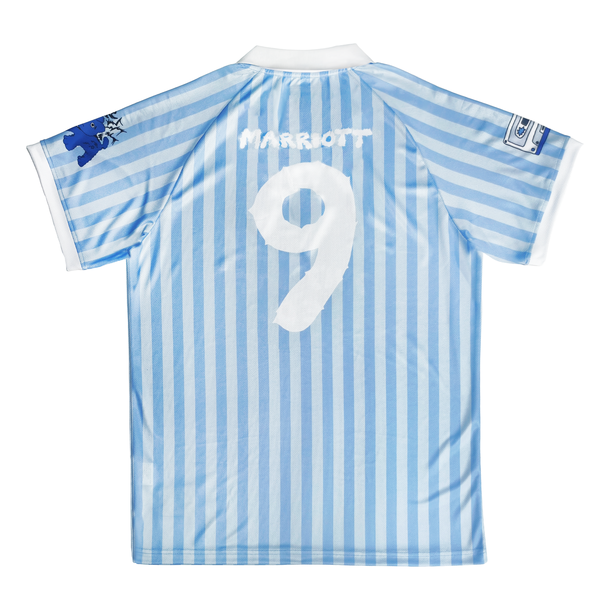 Blue and white striped James Marriott sports jersey with number 9 and 'Marriott' branding