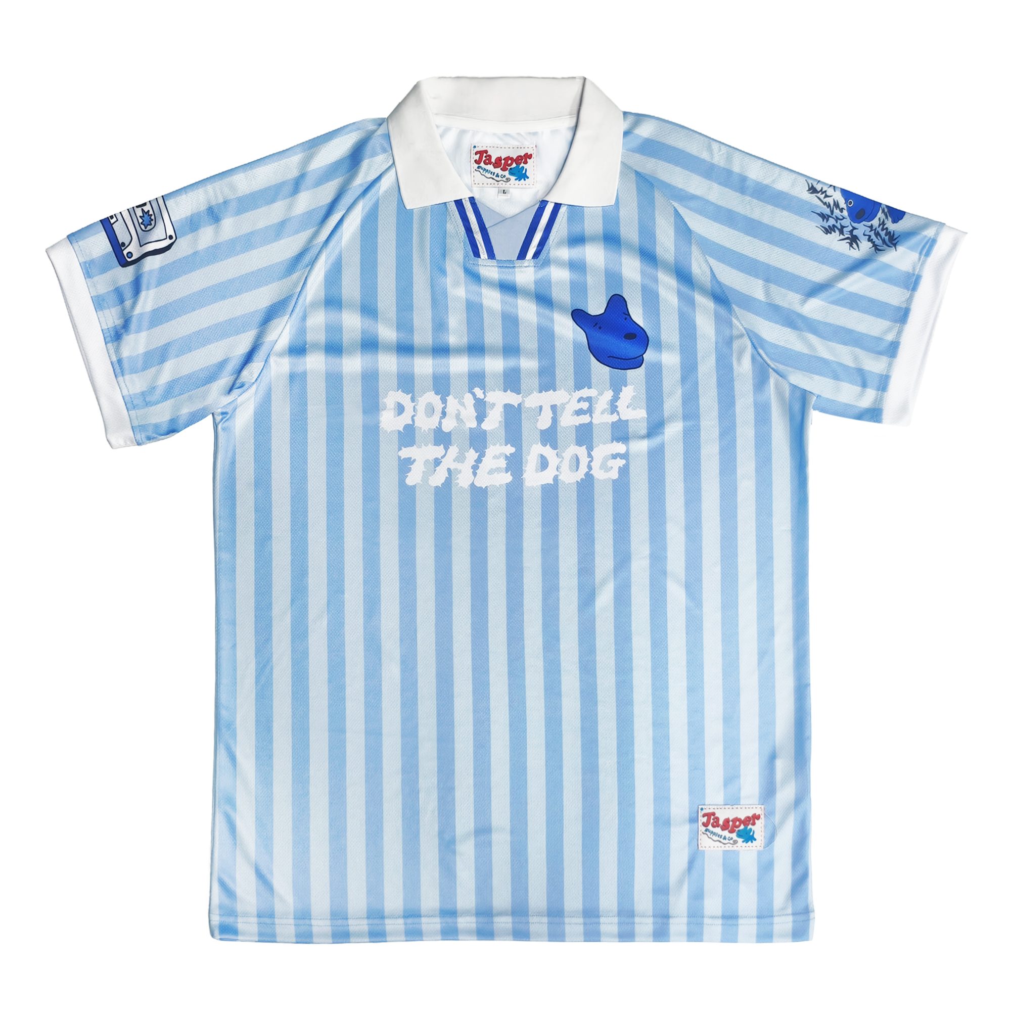 Blue and white striped James Marriott football shirt with text 'Don't Tell The Dog' 